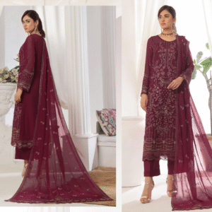 Elegant Maroon Embroidered Chiffon Suit – 3 - Image 3